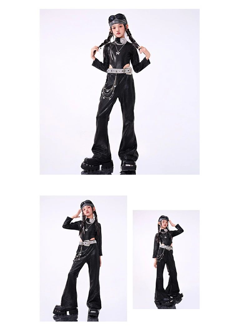 ラップス 頭巾 フレアパンツ ボディスーツ jベルト 光沢 長袖 クロップトップス 革素材 ダンス衣装 ダンスウェア 子供服 女の子 smartplus-10006003 Smart+ サンプル画像2