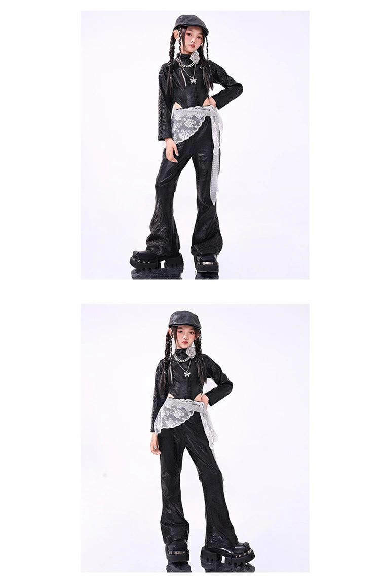 ラップス 頭巾 フレアパンツ ボディスーツ jベルト 光沢 長袖 クロップトップス 革素材 ダンス衣装 ダンスウェア 子供服 女の子 smartplus-10006003 Smart+ サンプル画像3
