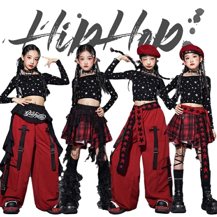 樂天商城 - カ ジュニア 応援団 発表会 イベント ガールズ ダンス衣装 ダンスウェア チェック柄 長袖 ブラック 女の子 レッド スカート 星柄