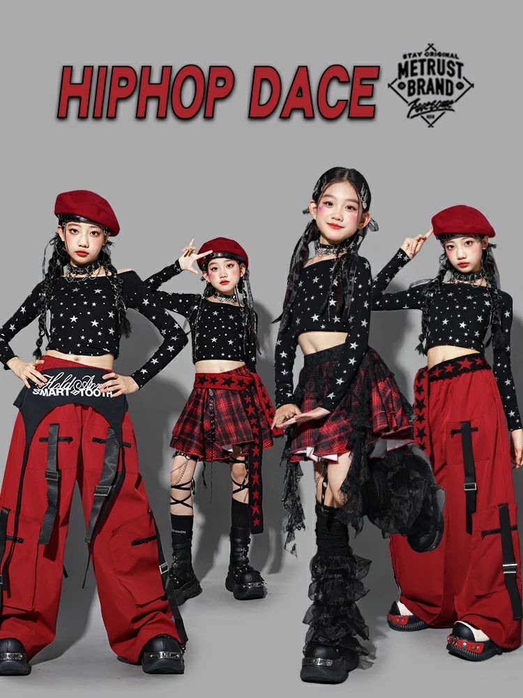 Smart+のカ ジュニア 応援団 発表会 イベント ガールズ ダンス衣装 ダンスウェア チェック柄 長袖 ブラック 女の子 レッド スカート 星柄｜アングル2