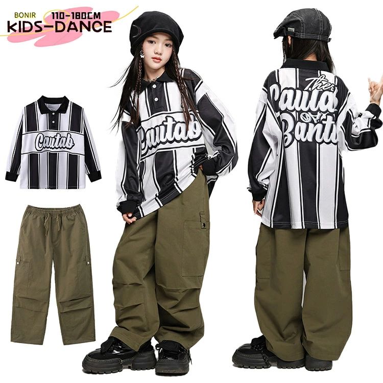 乐天商城 - スト 発表会 HIPHOP 女の子 ジャズダンス 男の子 カーゴパンツ 襟付き ストライプ シャツ 長袖 ユニフォーム セットアップ 衣装