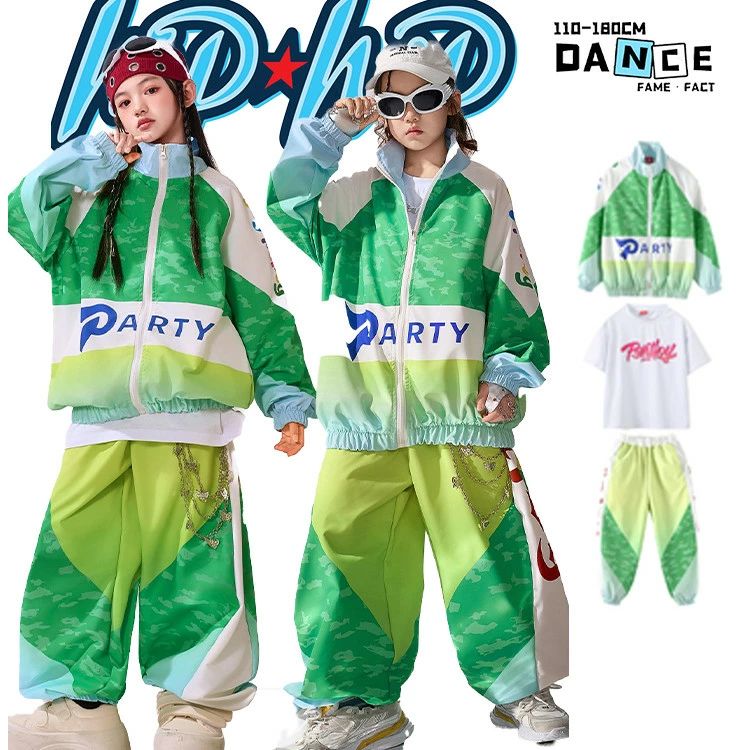 ダンス衣 ダンスウェア 女の子 男の子 子供服 迷彩柄ストリート系 カモフラージュ 長袖 ジャケット 緑 スポーツセット グリーン