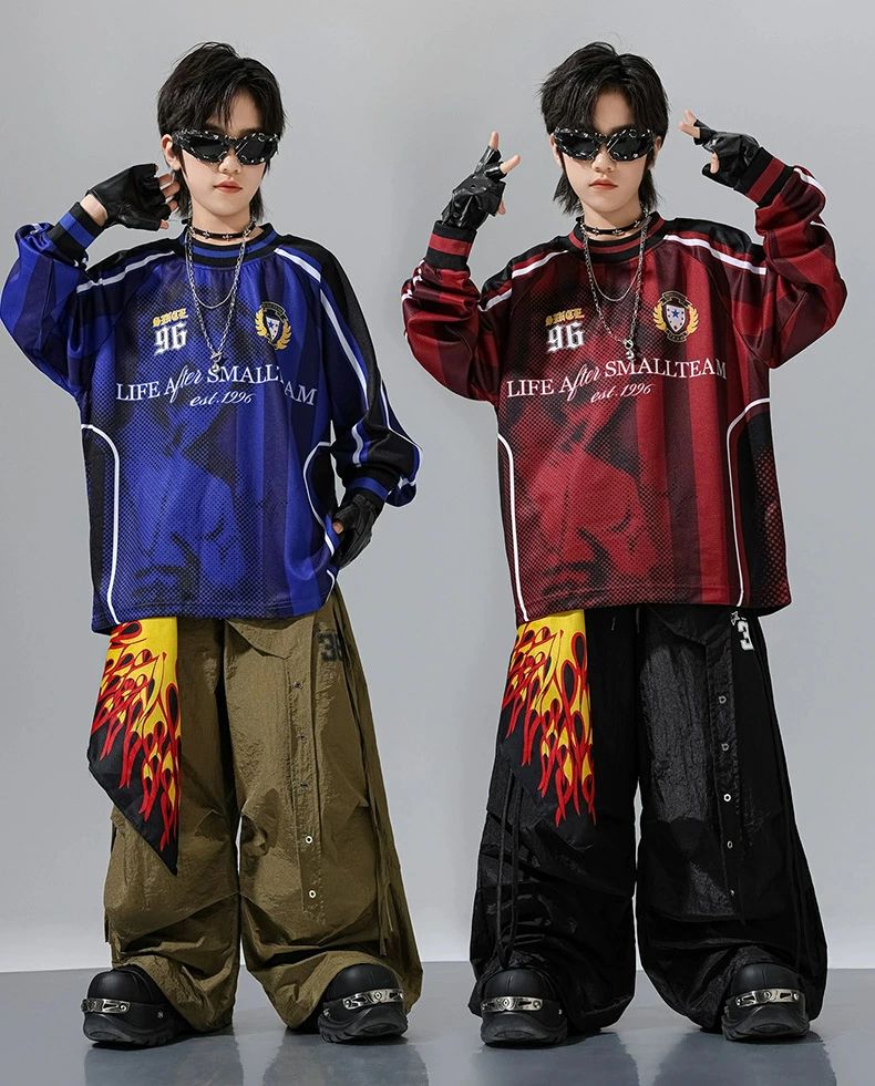 ロ 長袖トップス レッド ゆったり ブルー かっこいい 男の子 女の子 ヒップホップ k-pop 韓国 セットアップ 衣装 ダンス キッズ 2