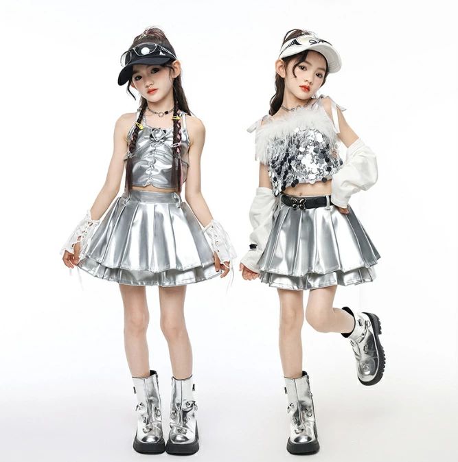 樂天商城 - ヒ トップス かっこいい 女の子 スカート セットアップ 長袖 キャミソール ダンス衣装 キッズ へそ出し シルバー 白 チアガール