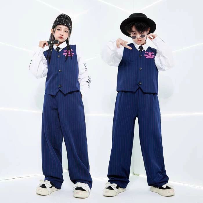樂天商城 - ヒップホ ジャズダンス ストライプ柄スーツ ロングパンツ 上下セット ベスト 長袖シャツ 男の子 女の子 セットアップ ダンス衣装
