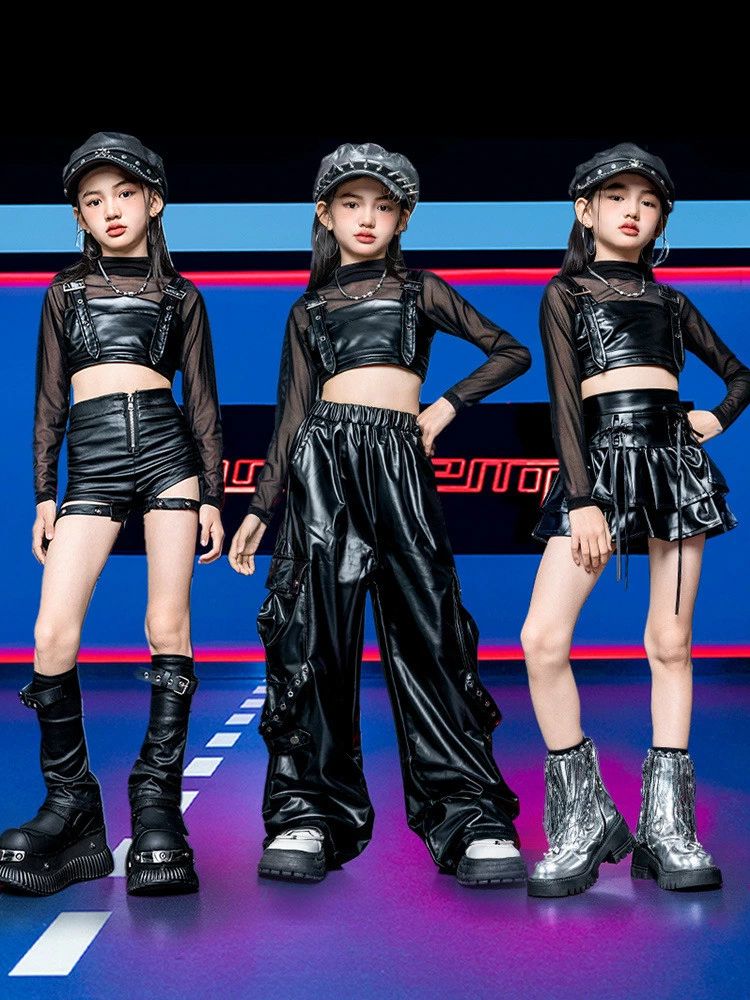 ティアー 皮パンツ ダンス衣装 キッズ 黒系 子供服 女の子 ダンスウェア 団体服 応...