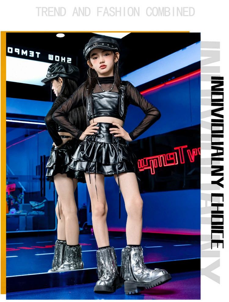 ティアー 皮パンツ ダンス衣装 キッズ 黒系 子供服 女の子 ダンスウェア 団体服 応...