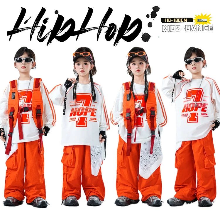 樂天商城 - ジュ こども jazz バンダナ k-pop ズボン カーゴパンツ ダンス衣装 男の子 女の子 キッズ 子供服 ベスト オレンジ ロングT 長袖