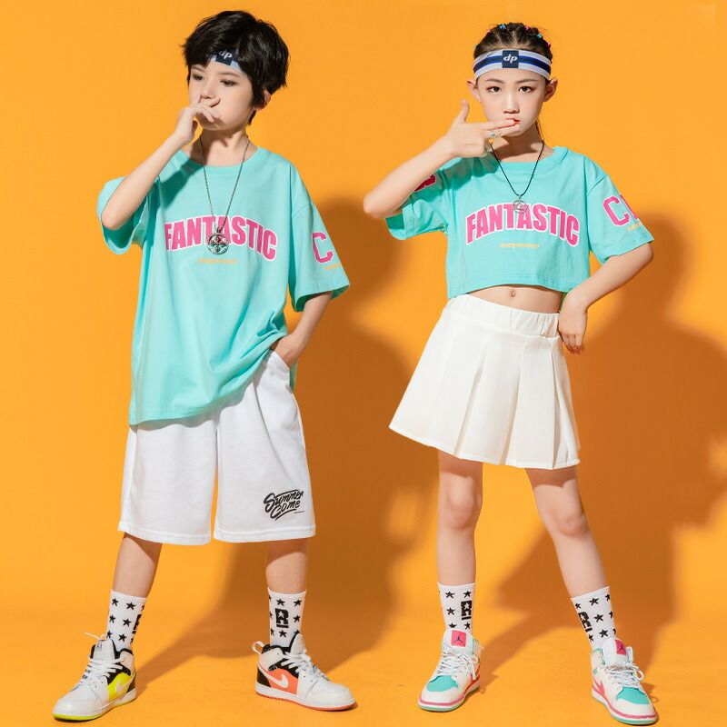 樂天商城 - キッズダンス衣装 セットアップヒップホップ へそ出し スカート 男の子 女の子 ダンス キッズ チア チアダンス パンツ セット 韓
