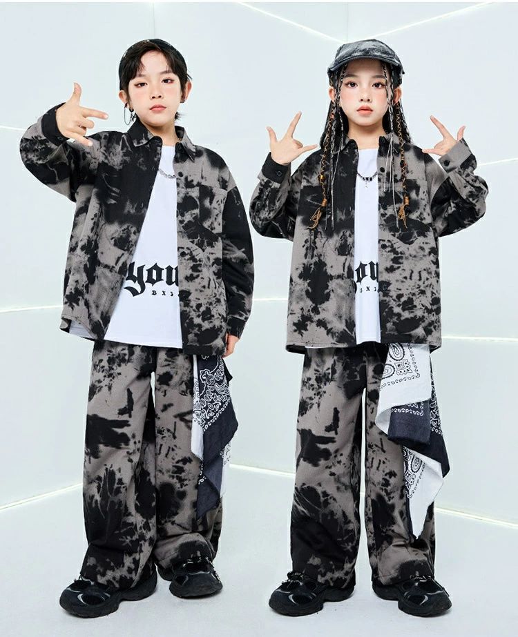 Smart+の男の ストリート 子供服 韓国 ダンスウェア K-POP 派手 長袖 パンツ シャツ タイダイ柄 ヒップホップ セットアップ 衣装 ダンス｜アングル2