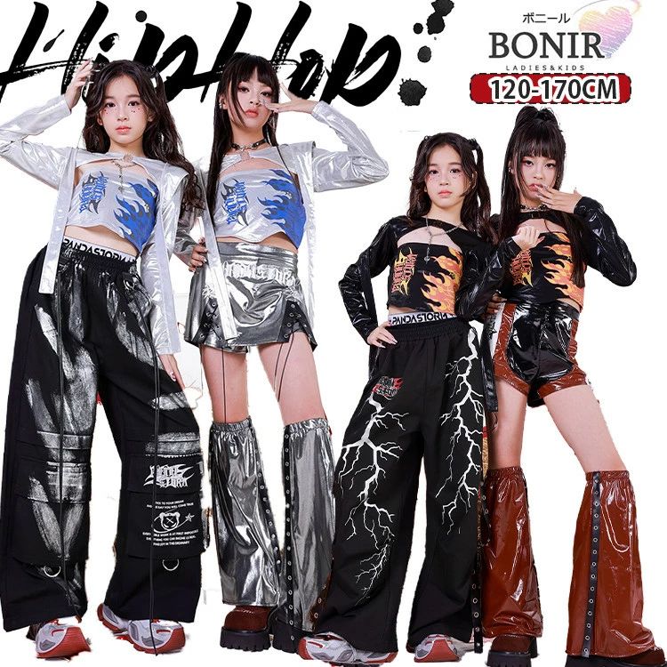 稲妻柄 チューブトップ シルバー 黒 光沢 フード付き長袖 スーパークロップト Y2K アイドル風 ダンスウェア ダンス衣装 女の子