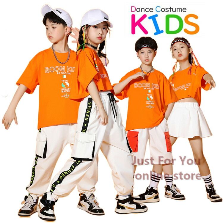 樂天商城 - キッズダンス衣装 セットアップ 衣装 へそ出し k-pop ミニスカート トップス 女の子 男の子 半袖 Tシャツ パンツ 応援団 jazz 練