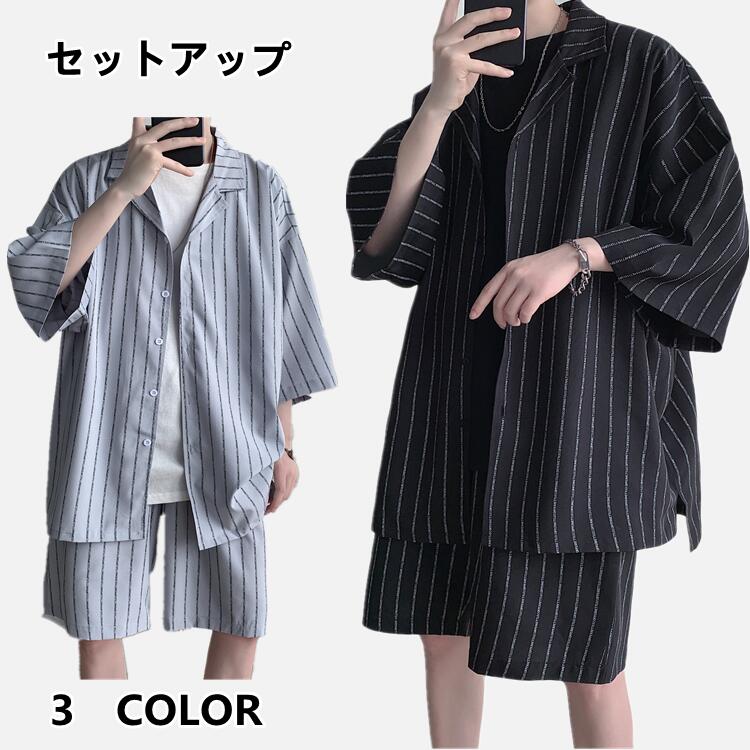 乐天商城 - セットアップ メンズ 半袖 上下2点セット ストライプ ショートパンツ 大きいサイズ ハーフパンツ 半ズボン カジュアル部屋着 ビッグシルエット メンズファンション カジュアル 韓国ファンション 夏 春夏 夏服