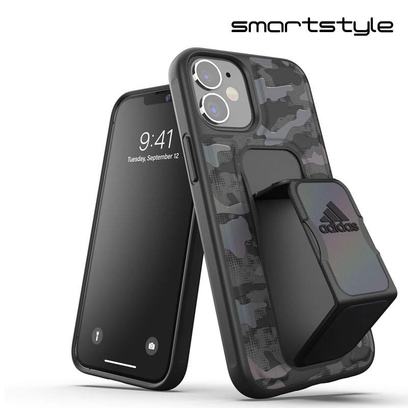 adidas アディダス スマホケース iPhone 12 Mini ケース アイフォン カバー スマホケース スタンド機能 グリップバンド付き 落下防止 スポーツ仕様 耐衝撃 軽量 ランニング アウトドア カモ柄ブラック