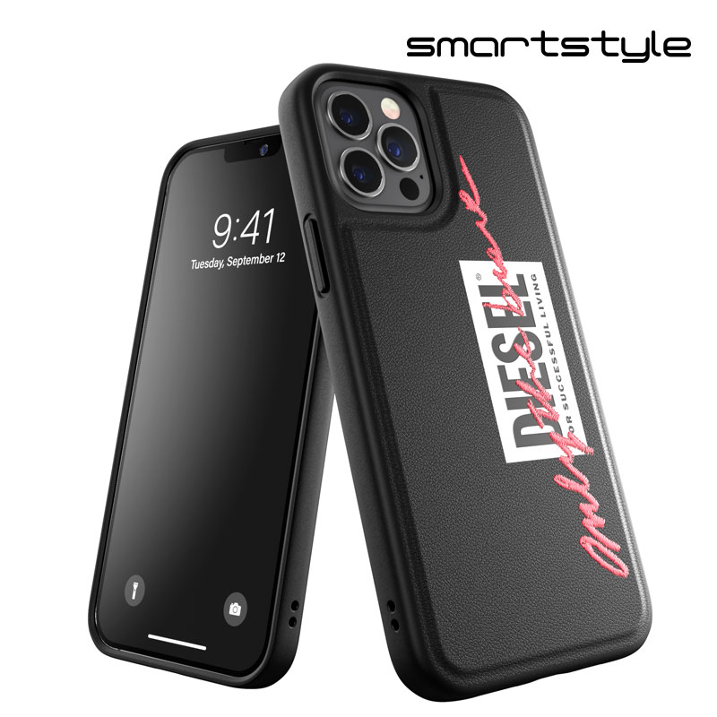 ディーゼル スマホケース メンズ DIESEL ディーゼル iPhone12/12pro ケース マホケース アイフォン カバー 耐衝撃 TPU 刺繍ディテール ロゴ ブラック / コーラル 黒 ※当店限定1年保証※