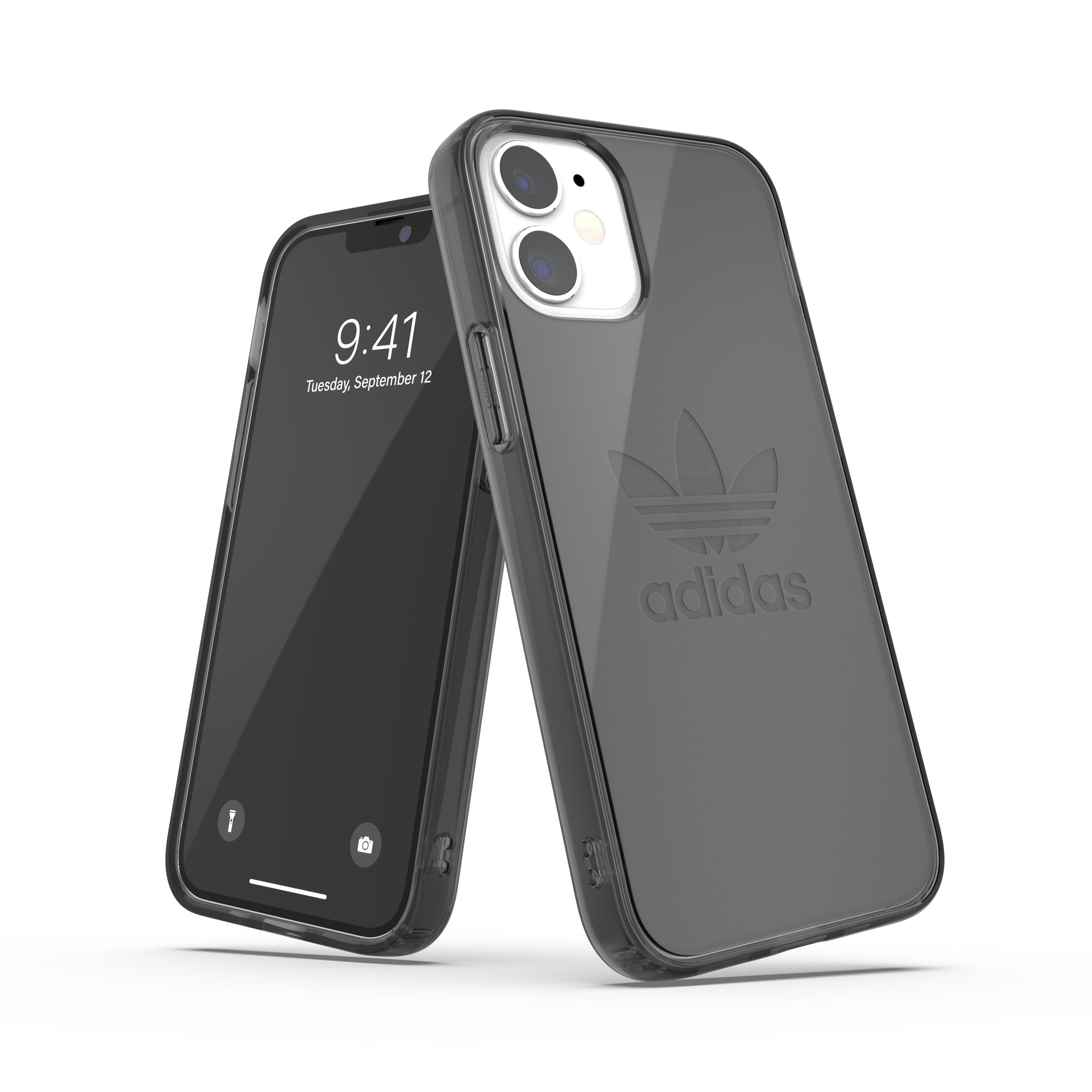 adidas アディダス スマホケース iPhone 12 Mini ケース クリアケース スマホケース アイフォン カバー 耐衝撃 TPU ビッグ・ロゴ スモーキー ブラック