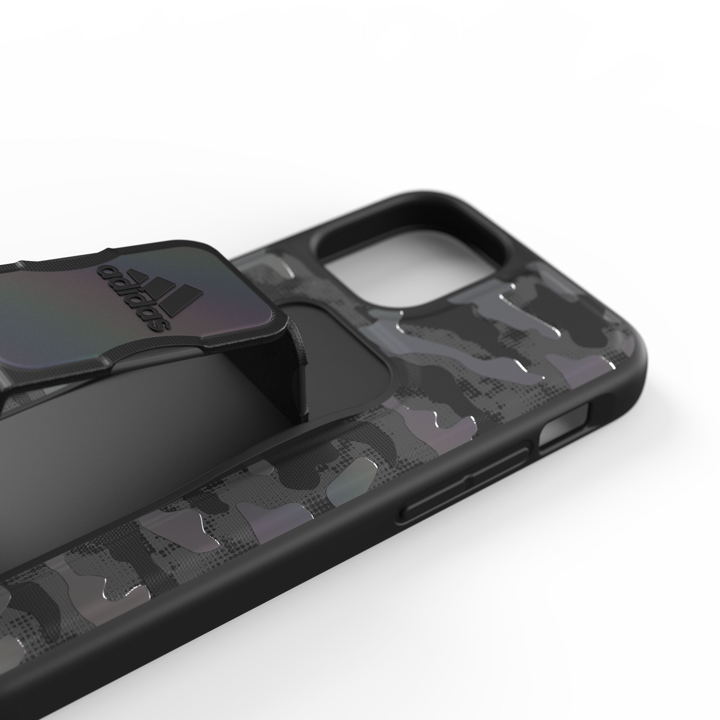 adidas アディダス スマホケース iPhone 12 Mini ケース アイフォン カバー スマホケース スタンド機能 グリップバンド付き 落下防止 スポーツ仕様 耐衝撃 軽量 ランニング アウトドア カモ柄ブラック