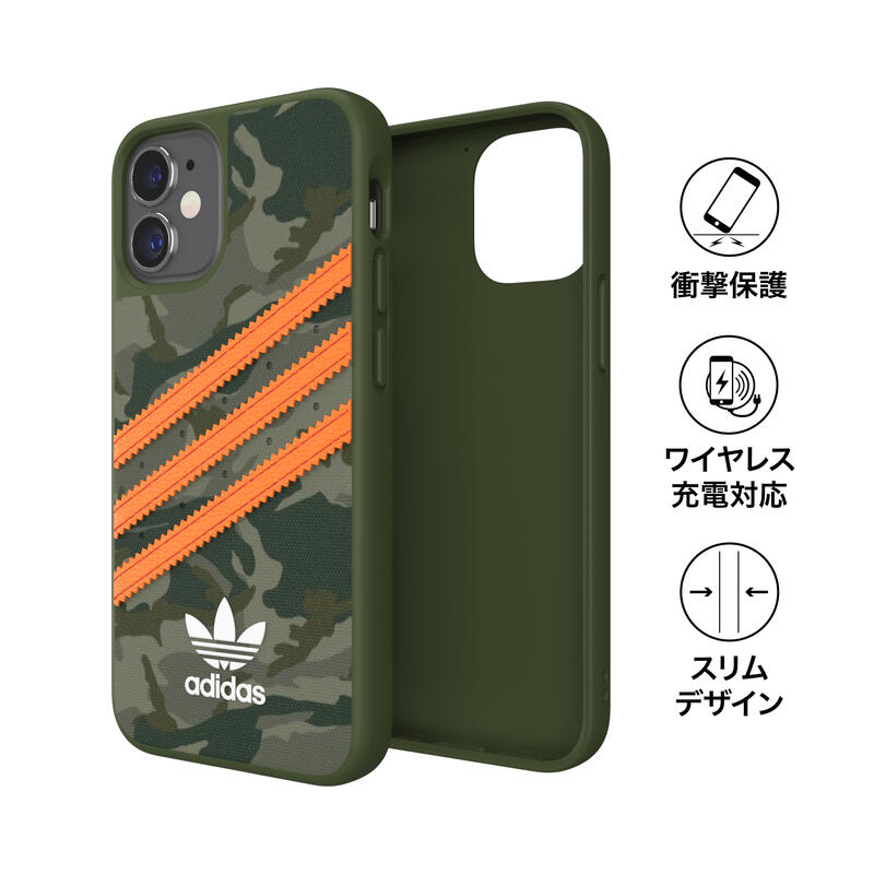 adidas アディダス スマホケース iPhone 12 Mini ケース アイフォン カバー スマホケース 耐衝撃 TPU SAMBA サンバ カモ柄 x オレンジ