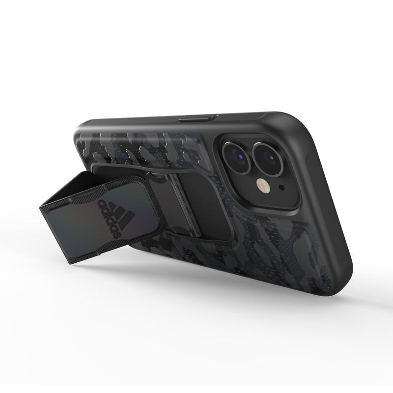 adidas アディダス iPhone 12 Mini ケース アイフォン カバー スマホケース スタンド機能 グリップバンド付き スポーツ仕様 耐衝撃 軽量 ランニング アウトドア レオパード ブラック 黒xグレー [adidas Sports SS21 for iPhone 12 Mini black/grey Grip case Leopard ]