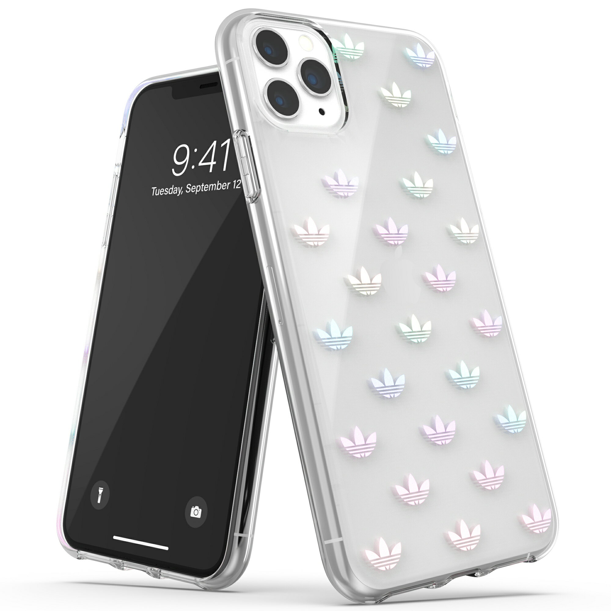 adidas アディダス スマホケース iPhone 11 Pro Max ケース クリアケース 耐衝撃 TPU 軽量 メタリッククリア x カラフル・ホログラフィックロゴ