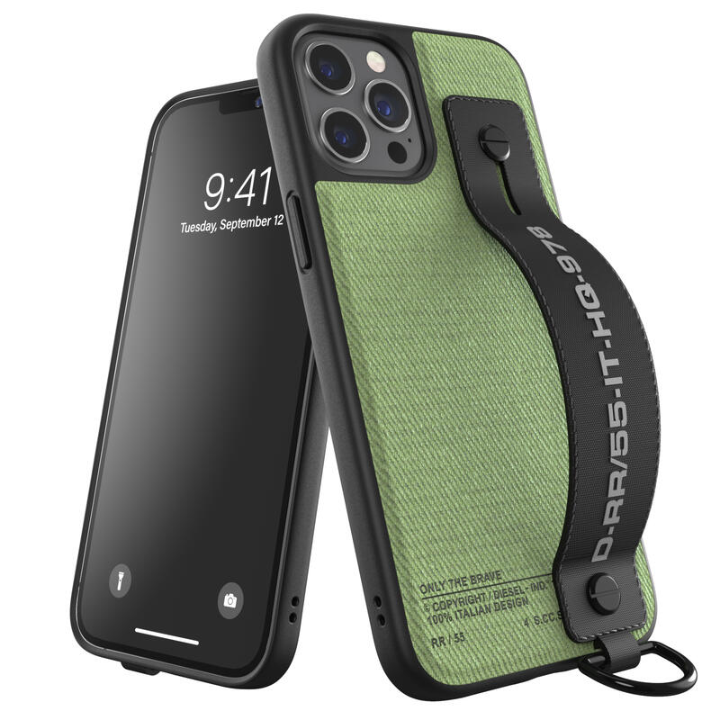 ディーゼル スマホケース メンズ DIESEL iPhone 12 Pro Max 6.7インチ スマホスタンド ハンドストラップ ツイル SS21 （ディーゼル iPhone12pro Max, ブラック/グリーン） ※当店限定1年保証※