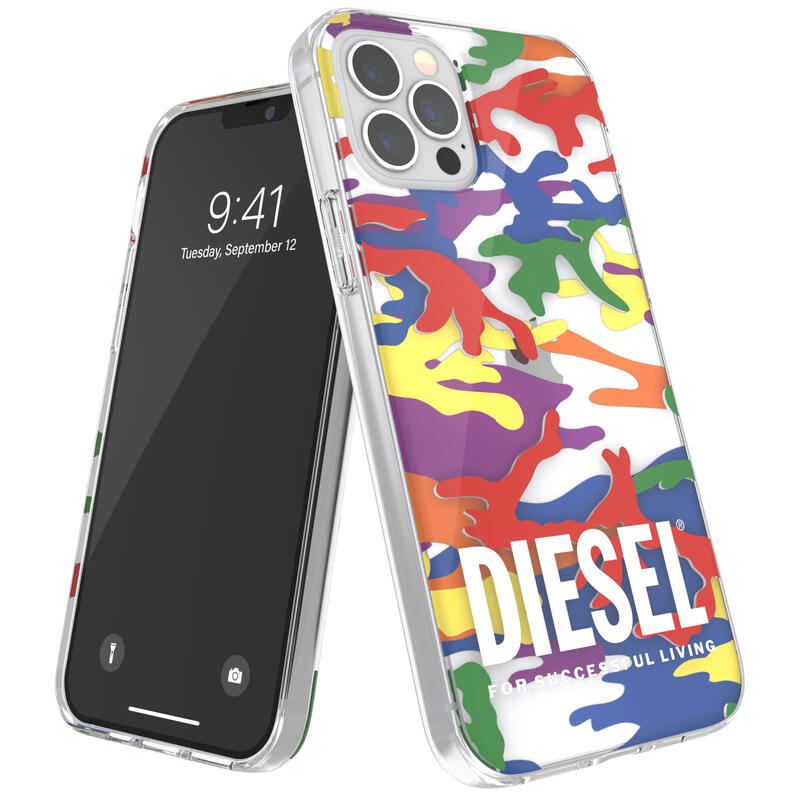 DIESEL iPhone12 ケース / iPhone12pro ケース クリア 6.1インチ SS21 Pride カモフラージュプリント（ディーゼル iPhone 12 / 12 Pro, クリアケース Prideカラフル） ※当店限定1年保証※