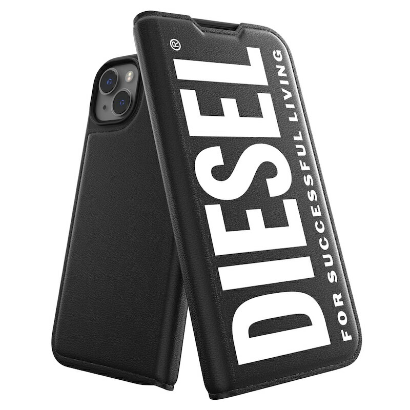 ディーゼル スマホケース メンズ 【送料無料】DIESEL ディーゼル iPhone14Plus 手帳型ケース アイフォン 手帳 ケース カバー スマホケース 耐衝撃 TPU ロゴ ラバープリント ブラック/ホワイト 黒 ※当店限定1年保証※