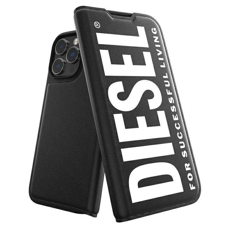 ディーゼル スマホケース メンズ 【送料無料】DIESEL ディーゼル iPhone14ProMax 手帳型ケース アイフォン 手帳 ケース カバー スマホケース 耐衝撃 TPU ラージロゴ ラバープリント ブラック/ホワイト 黒 ※当店限定1年保証※