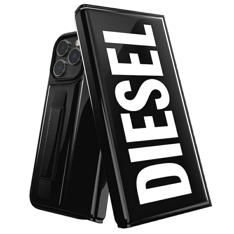 ディーゼル スマホケース メンズ 【送料無料】 DIESEL ディーゼル iPhone 14 Pro Max 手帳型 アイフォン カバー スマホケース ラージロゴ ハンドストラップ カードケース 耐衝撃 落下防止 光沢 フェイクレザー [ブラック 黒] ブランド おしゃれ 人気 ※当店限定1年保証※