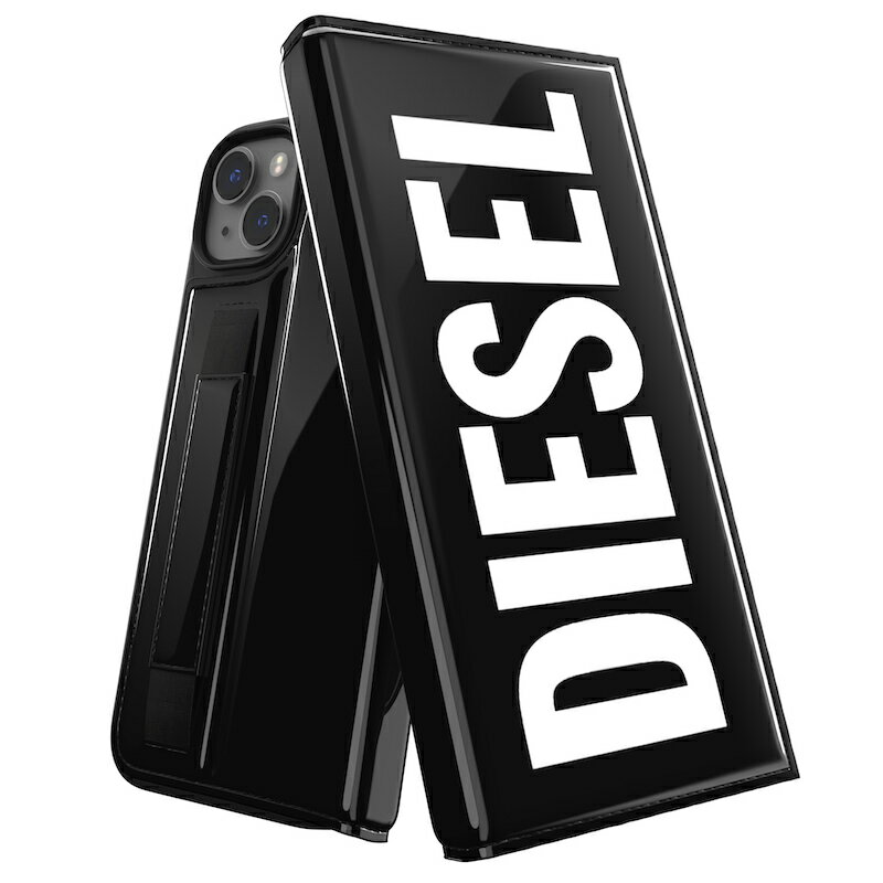 ディーゼル スマホケース メンズ 【送料無料】 DIESEL ディーゼル iPhone 14 Plus 手帳型 アイフォン カバー スマホケース ラージロゴ ハンドストラップ カードケース 耐衝撃 落下防止 光沢 フェイクレザー [ブラック 黒] ブランド おしゃれ シンプル 人気 ※当店限定1年保証※