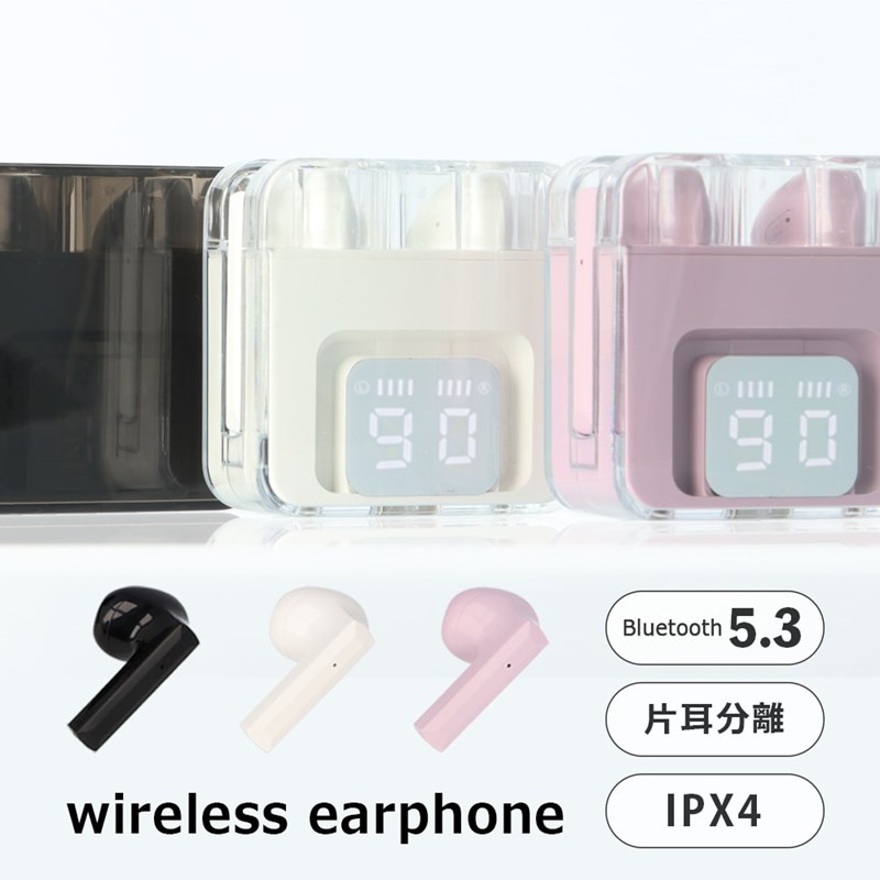  ワイヤレスイヤホン bluetooth 5.3 インナーイヤー型 片耳 両耳 左右分離型 ブルートゥース イヤホン 防滴 軽い かわいい おしゃれ クリア スケルトン ディスプレイ 電池残量 表示 ヘッドセット ハンズフリー コードレス コンパクト