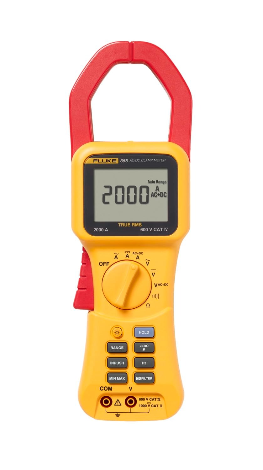 FLUKE-355 True-RMS Fluke-355 クランプ・メーターは、信頼性の高い測定が可能です。特別に幅を広くしたジョーで、大電流アプリケーションによく見られる大きな導体を簡単にクランプします。突入電流モードを使って、正確なピーク測定を行うことができ、モータや誘導負荷に理想的です。355はまた電圧・抵抗も測定するので、公共事業、電気工事請負業者、工業系事業技術者の方々にとって、最適なツールです。■特徴・機能・高信頼性、2000A AC + DC真の実効値、1400A ACおよび2000A DCのワイド・レンジ・大きな、または複数導体に適した大型ジョー 58mm・600 V CAT IV、1000 V CAT III規格・突入電流測定で、「電源オン」の場合のサージ電流を正確に、繰り返し捕捉・1kHzまで正確に周波数を測定・最小/最大/平均値機能を使い、読み値を速やかに分析・大型バックライト・ディスプレイで、優れた視認性・ディスプレイを確認できない場合でも読み値を捕捉する、ディスプレイ・ホールド機能・ノイズの多い負荷を取り除き、読み値を安定させるローパス・フィルター搭載