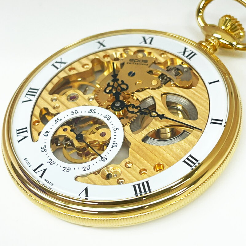 エポス 懐中時計 2121GPRN 裏スケルトン ローマン数字 ポケットウォッチ 手巻き シースルー チェーン付 コートドジュネーブ