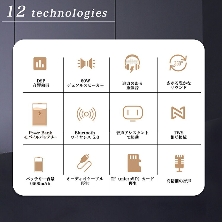 Cyboris ｜ ブルートゥーススピーカー IPX7 防水 防塵 60W 高出力 高音質 重低音 大音量 最大18時間再生 シンプル おしゃれ bluetooth5.0 お風呂 海 屋外 車 アウトドア ポータブル ワイヤレス ハンズフリー マイク内蔵 モバイルバッテリー機能 ペアリング ステレオ機能付き smarttownshop-10000380 スマートタウン サンプル画像2