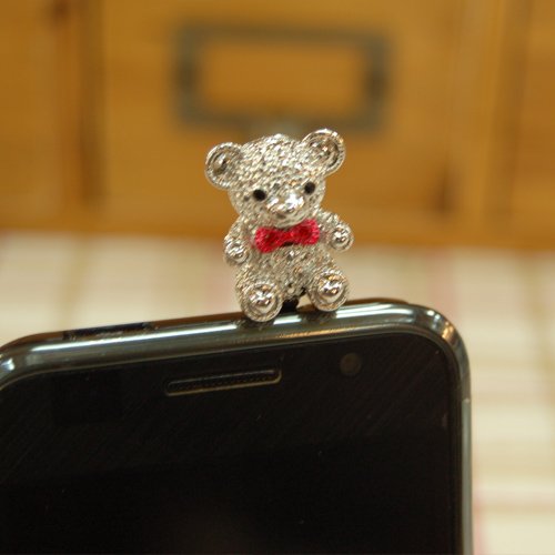 リトル　アニマル　ベア　シルバーxレッド　かわいい スマホ　イヤホンジャック　little animal bear silver x red cute smart phone ear phone jack charm【メール便可】