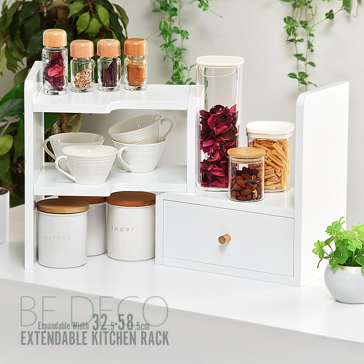 Rakuten - BF DECO 卓上伸縮ラック BFLS0408 デスクラック スパイスラック 幅32.5〜58.5cm 奥行22cm 高さ35cm リビング収納 卓上 カウンター ミニ食器棚 棚 伸縮キッチンラック すき間収納 デスク上 ラック 小物収納 おしゃれ