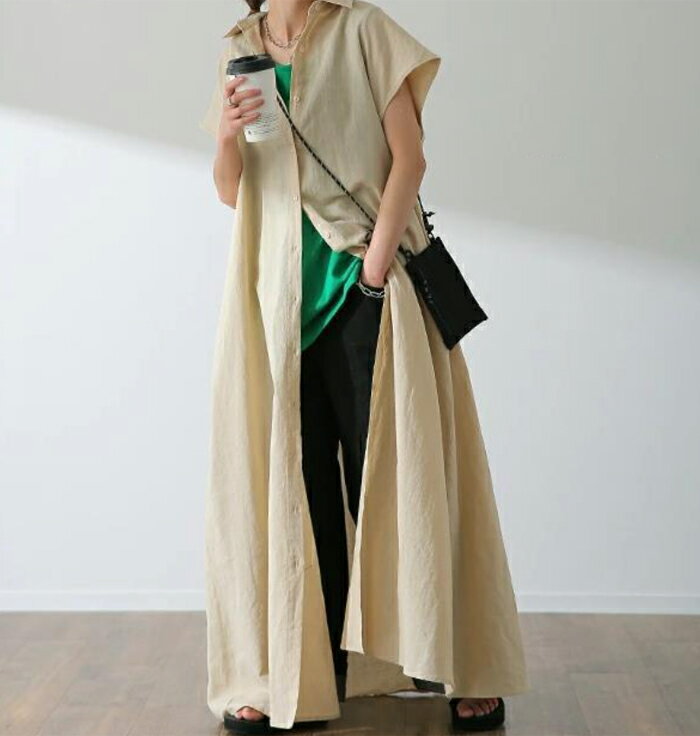 マキシワンピース 夏 レディース ワンピース マキシ丈 きれいめ 半袖 前開き 楽ちん 体型カバー ロング ワンピース 大人可愛い 綿混 麻風 リネン風ワンピース 着痩せ ゆったり シンプル 無地 カジュアル デイリー サイドスリット 送料無料