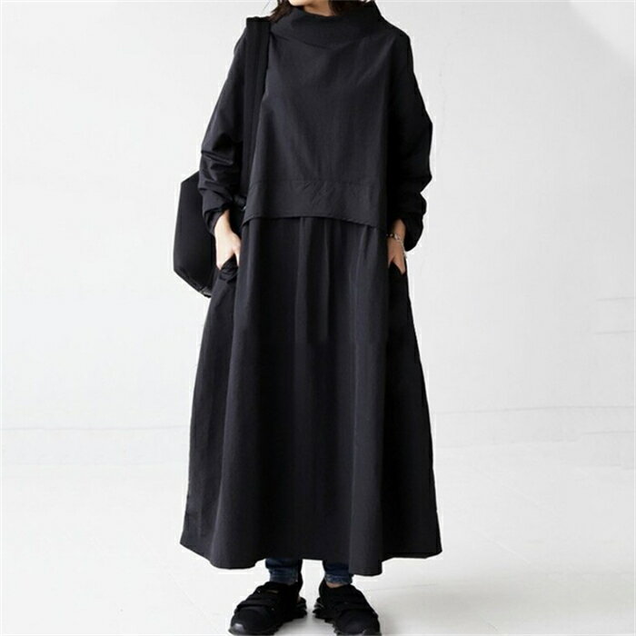 ロングワンピース レディース きれいめ カジュアル ワンピース 長袖 ハイネック 小顔 綿混 春 ロング丈 マキシ丈 マキシワンピース 伸縮性 柔らかい 無地 通勤 通学 体型カバー 大きいサイズ プルオーバー ワンピ Aライン 大人可愛い 送料無料