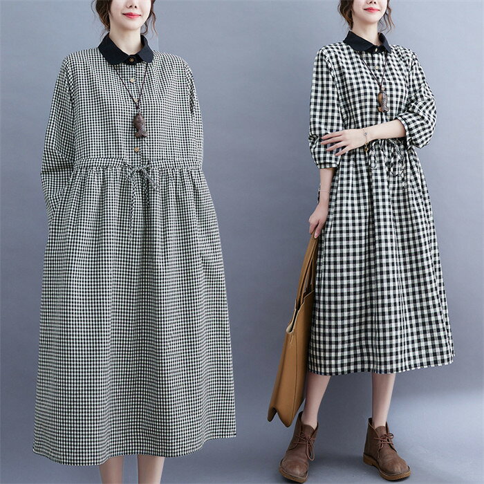 シャツワンピース 長袖 春 夏 レディース ロングワンピース チェック ミモレ丈 大きいサイズ 綿混 マキシワンピース ゆったり 30代 40代 50代 ウェスト糸 体型カバー マキシワンピ カジュアル きれいめ 可愛い 大人 オシャレ ゆるっと 通勤 通学 OL 日常 送料無料
