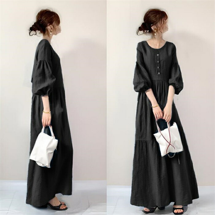 ワンピース レディース ネイビー ノースリーブ フレンチスタイル ゆったり リラックス Aライン ロング丈 ミモレ丈 クルーネック ハイウエスト 夏 ポリエステル 着回し 普段使い お洒落