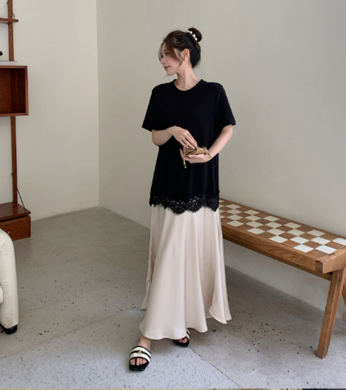 ロングワンピース 春夏 きれいめ カジュアル 大きいサイズ 綿混 サテン ロング丈 ワンピース レディース 半袖 黒 無地 異素材 切替え 着瘦せ 通勤 レイヤード風 おしゃれ ゆったり ブラック 柔らか 着まわし 大人可愛い 春 送料無料 体型カバー ゆったり