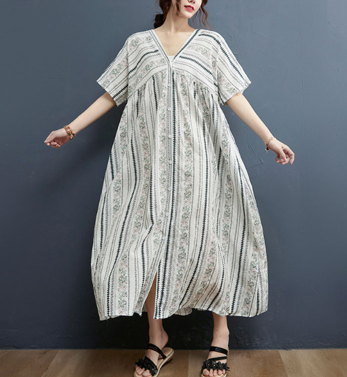 ロングワンピース 半袖 夏 レディース きれいめ 大きいサイズ ストライプ柄 前開き ロング丈 Tシャツワンピース 麻風 ポへミア ワンピース エスニック風 マキシワンピース 体型カバー 森ガール Vネック 送料無料 オーバーサイズ ゆったり カジュアル 大人 着痩せ