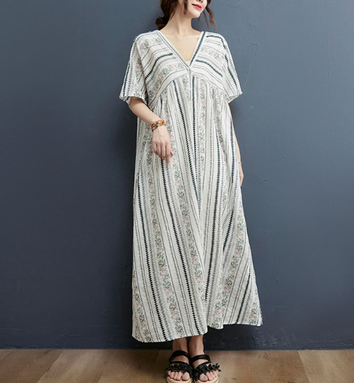 ロングワンピース 半袖 夏 レディース きれいめ 大きいサイズ ストライプ柄 前開き ロング丈 Tシャツワンピース 麻風 ポへミア ワンピース エスニック風 マキシワンピース 体型カバー 森ガール Vネック 送料無料 オーバーサイズ ゆったり カジュアル 大人 着痩せ