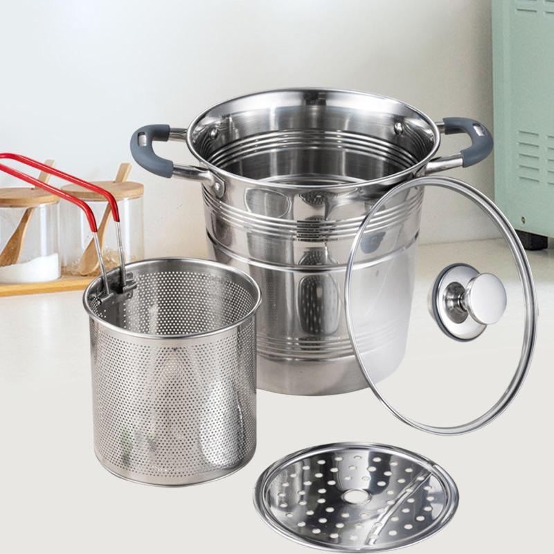ステンレス鋼フライヤーポットフライヤーポットスチーマーシート付き頑丈な多目的スープポット蓋付きス..