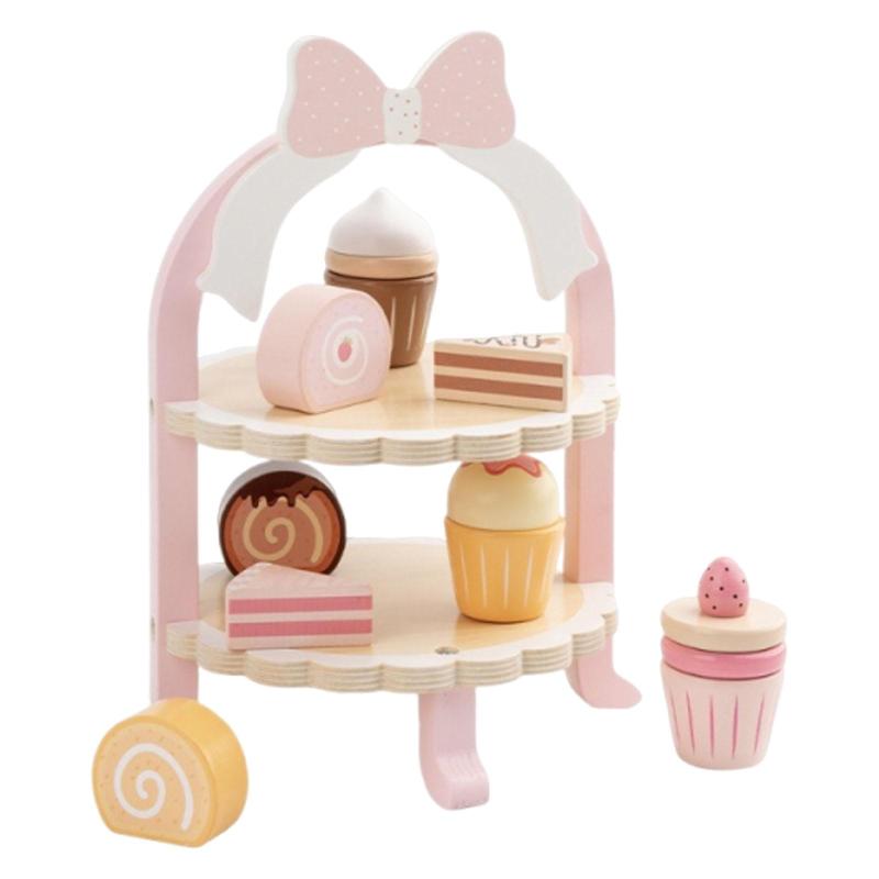 ケーキスタンド 木製 デザートスタンド プレイセット おままごとセット ケーキおもちゃ ティーパーティーセット 教育玩具 創造力向上 社交スキルアップ 子供 女の子に適用 25cmx19.3cm