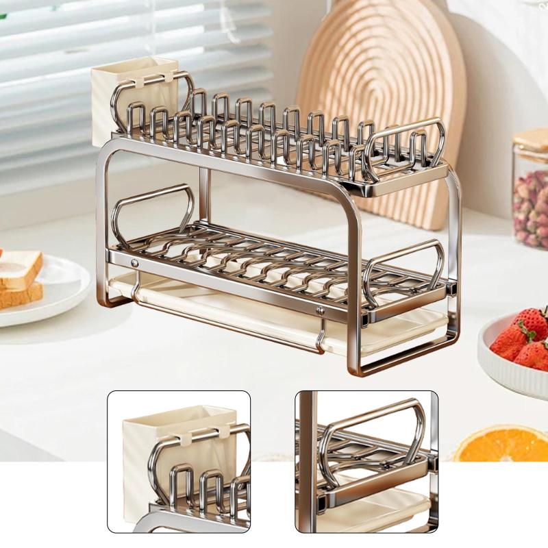 食器乾燥ラック 食器ラック 大容量 2段 カトラリーホルダー付き 多機能 キッチンカウンター アパートカ..