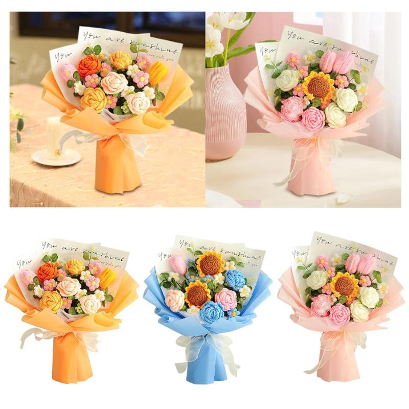 完成したかぎ針編みの花ブーケニットママのための人工花の贈り物父の日の手作りの装飾