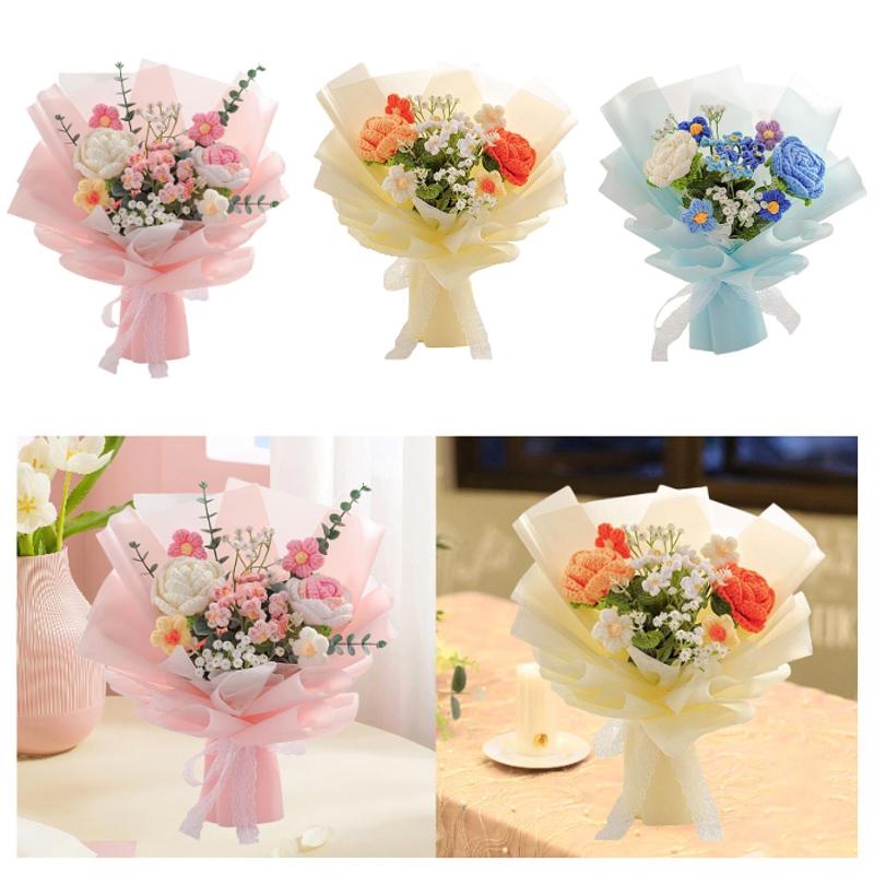かぎ針編みの花ブーケ人工花の家の装飾手作りの編み物のブーケギフトバレンタインデーのお母さんの妻のための妻