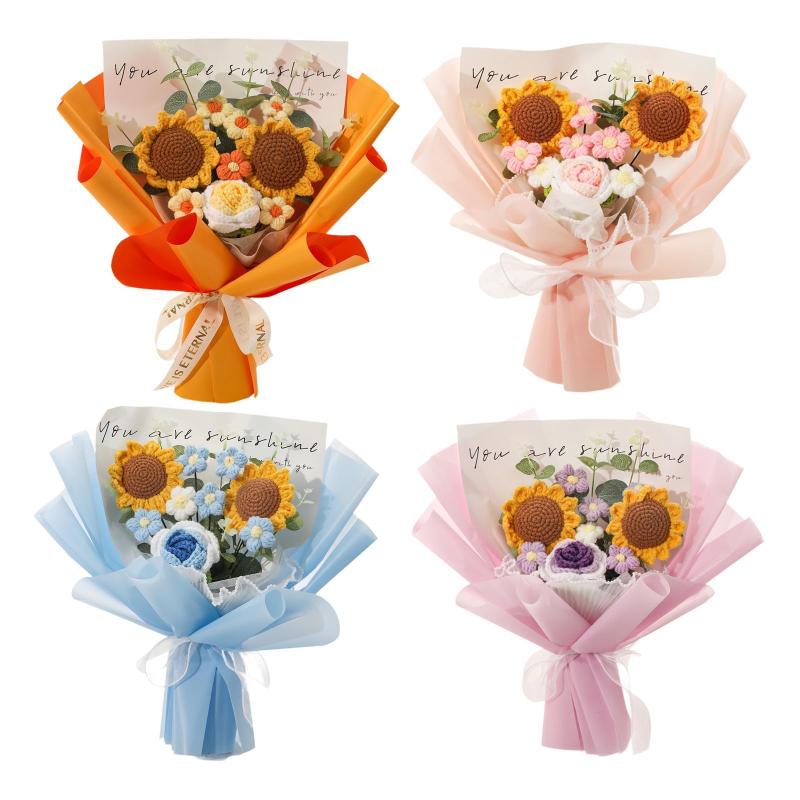 完成したかぎ針編みの花のブーケヒマワリ人工花屋のセンターピースパーティー飾り手作りの装飾用の手作り