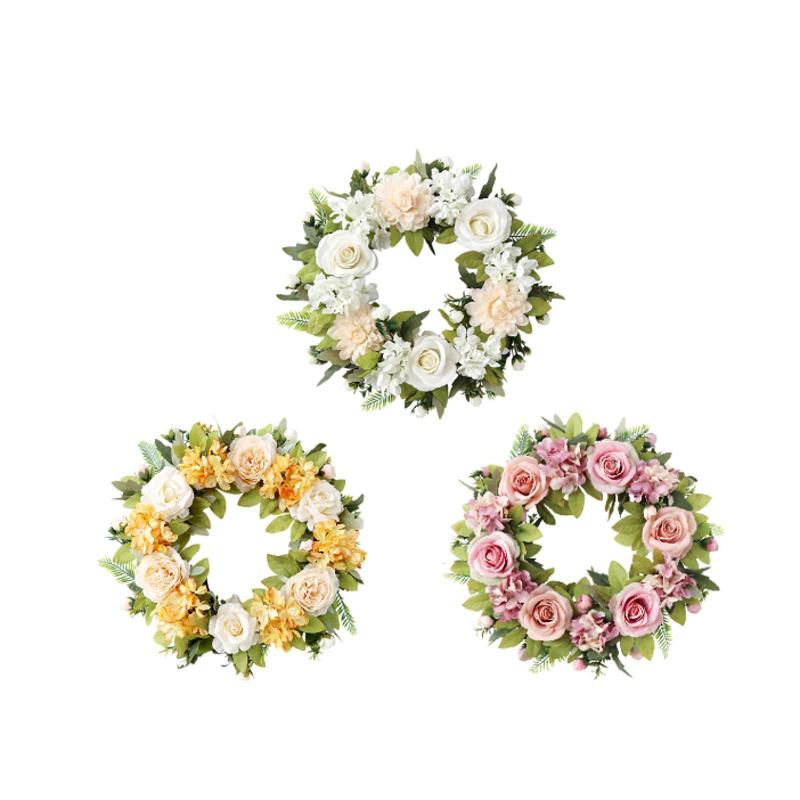 人工フラワーリースローズフラワースプリングリース新年感謝祭の寝室の緑の葉の暖炉の庭